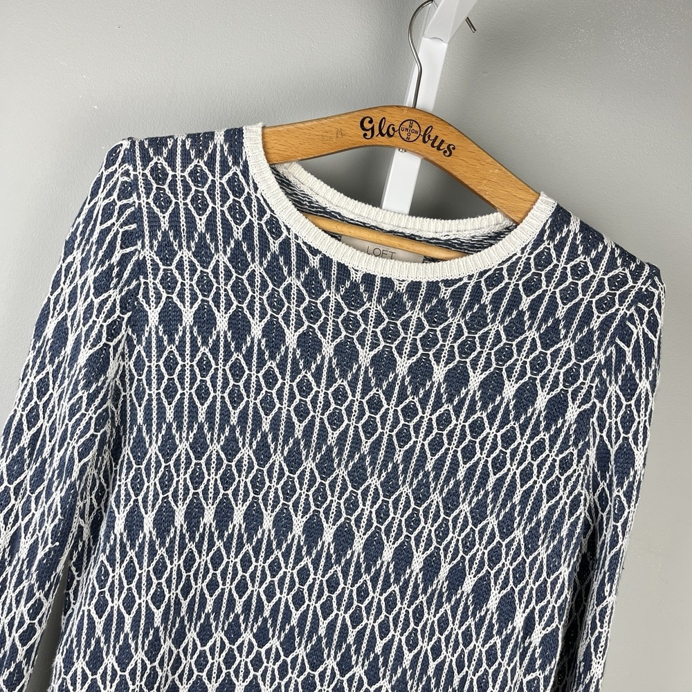 Ann Taylor LOFT Tunic Sweater Womens M Blue White 100% Linen Lagenlook Coastal